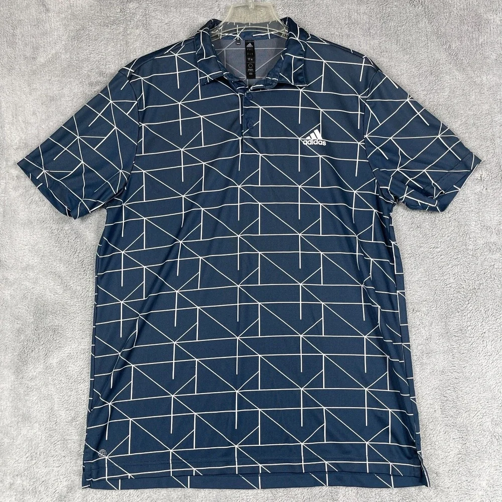 Adidas Polo Shirt Mens Large Blue Geometric Print Short Sleeve Golf Activewear